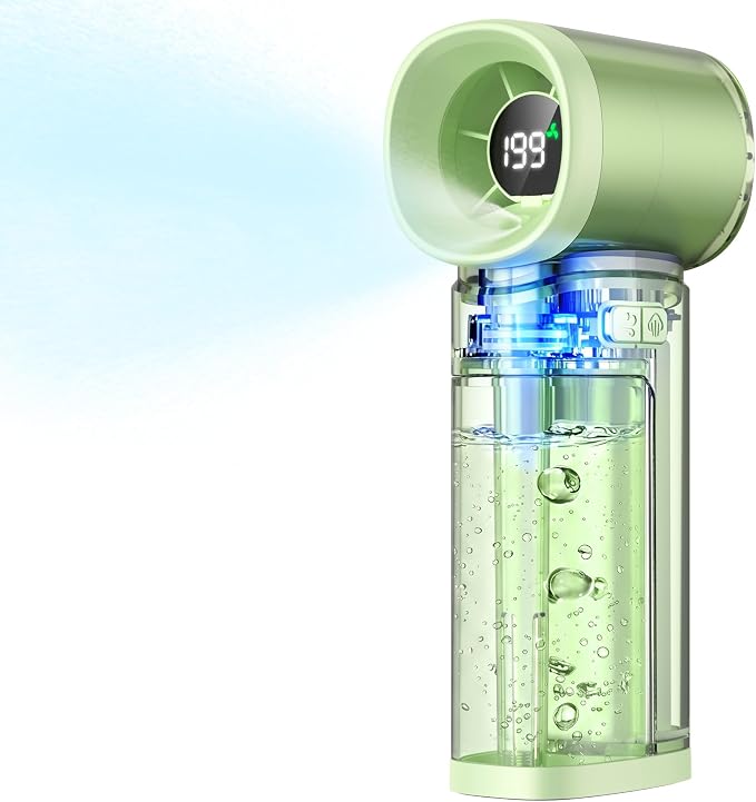 Handheld Misting Fan, Portable Personal Turbo Fan with Nano Mist Spray, 6 Wind Speed, 40ml Water Tank, LED Light, 3000mAh USB Rechargeable for Travel, Outdoors, Camping, Home and Office Use - Green