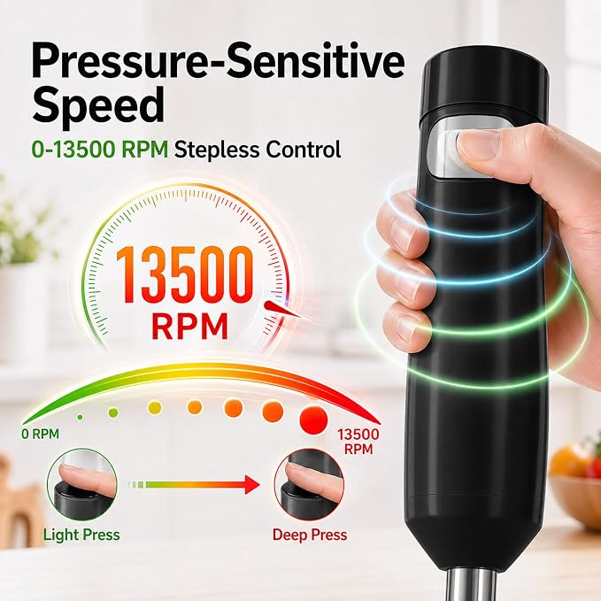 Cordless Immersion Hand Blender (Stick Blender) – Smooth, Controlled Blending for Everyday Cooking, 12V Brushless Motor, Pressure-Sensitive Variable Speed, USB-C Rechargeable, Easy-Clean (Black)