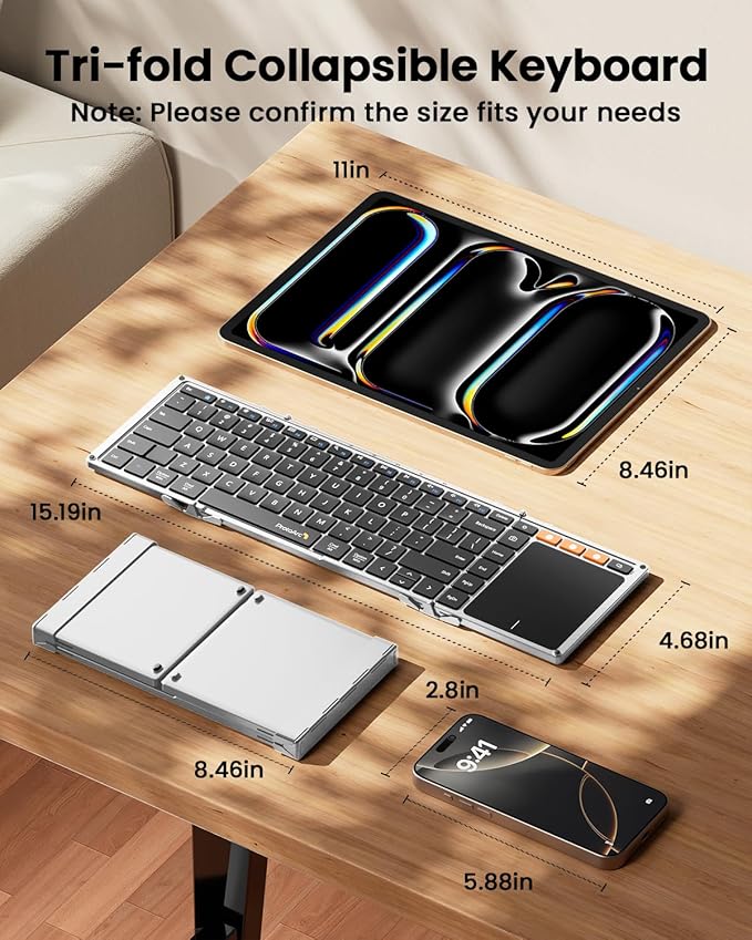 ProtoArc Foldable Keyboard with Touchpad, XK01 TP Folding Portable Keyboard, Full Size Keys, Large Trackpad Bluetooth Travel Keyboards for Laptop PC Tablet - Silver