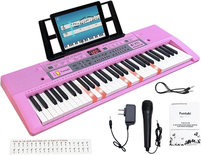 61 Key Electronic Keyboard Piano with Lighted Up Keys, Musical Mini Keyboard Piano with keyboard stand, Digital Portable Synthesizer Keyboards for Beginners Kids Adults (pink)