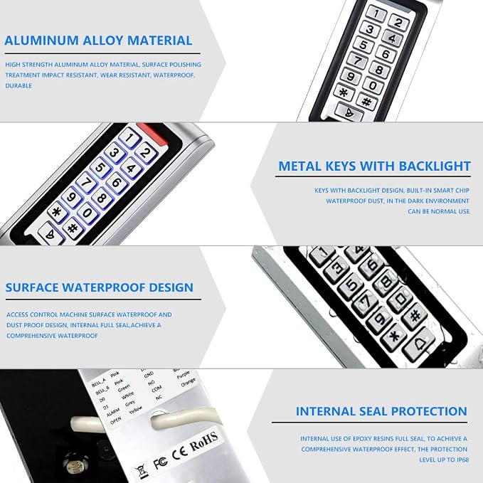 Door Access Control System Stand-Alone Password Keypad + 5PCS Proximity Keychains, Support 2000 Users Card Reader, Weatherproof, Backlight, Zinc Alloy Metal Case, for Garage Door, Gate Opener
