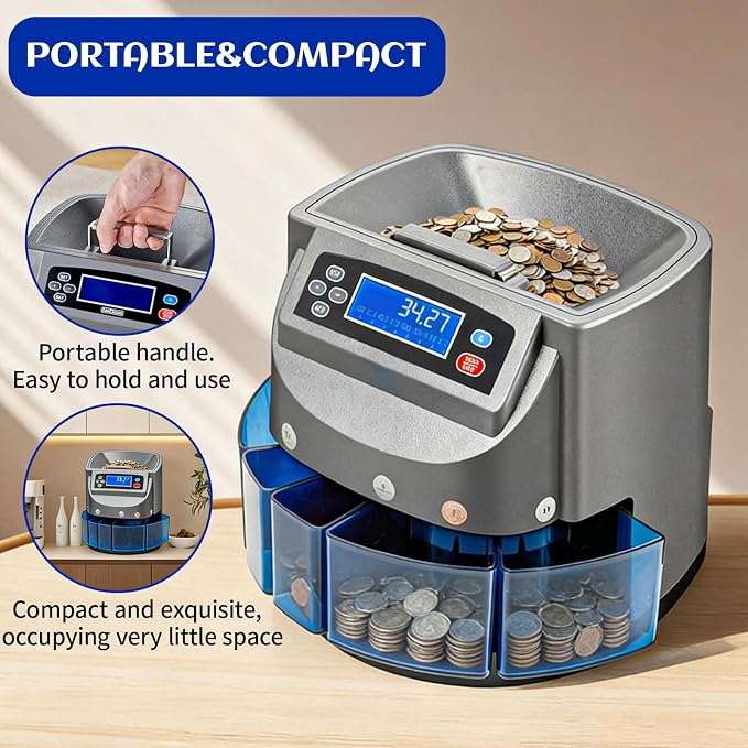 Coin Counter Machine, Coin Sorter Machine with LCD Display, 500 Coins Capacity Automatic Coin Sorter and Wrapper Machine, Sorts up to 270 Coins/min, Change Counter for USD Coin 1￠ 5￠ 10￠ 25￠ $1