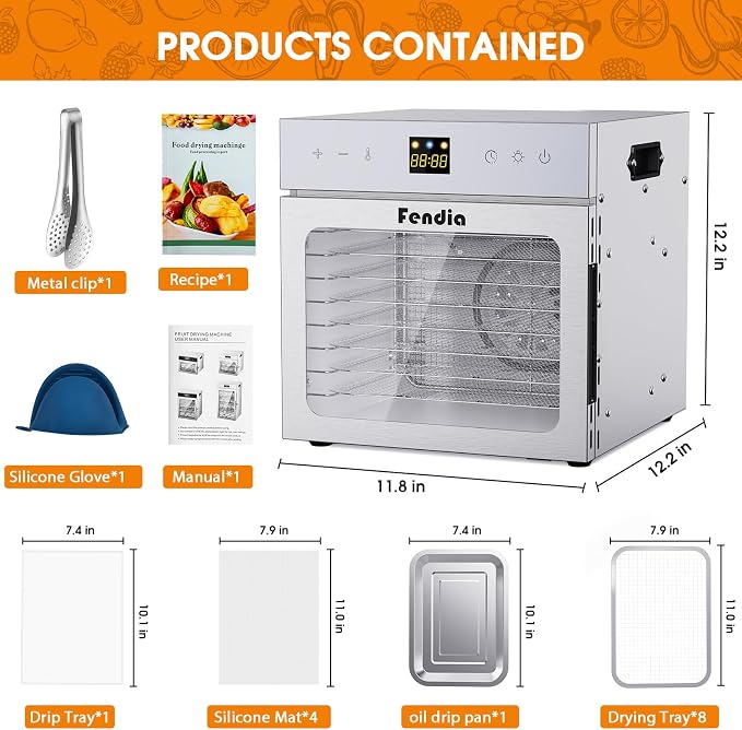 Dehydrators for Jerky, 8 Stainless Steel Trays, 600W Fruit Dehydrator, 24H Timer and 190°F Temperature Control, Overheat Protection, Food Dryer for Jerky, Herbs, Fruit, Dog Treats