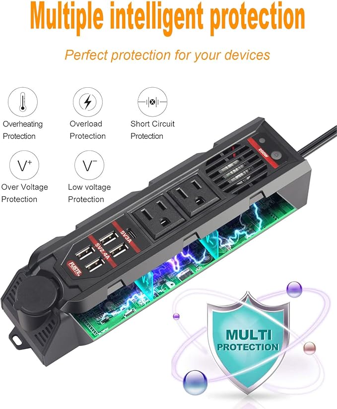 200W Car Power Inverter,DC 12V to 110V AC Vehicle Converter with Type-C Port,Dual AC Outlets and 4 Quick 2.4A USB Ports for Car Cigarette Lighter Adapter