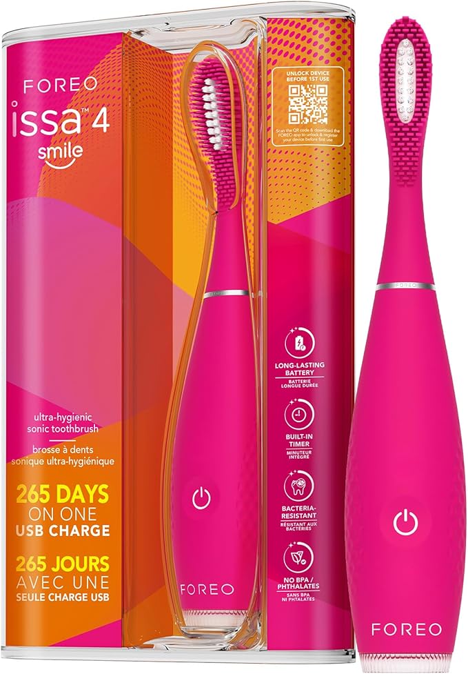 FOREO ISSA 4 Smile Electric Toothbrush – Compact & Travel-Friendly, 4-in-1 Hybrid Brush Head, Tough on Plaque, Long Battery Life (265 Days), 6-Month Brush Head Replacement – Wild Strawberry