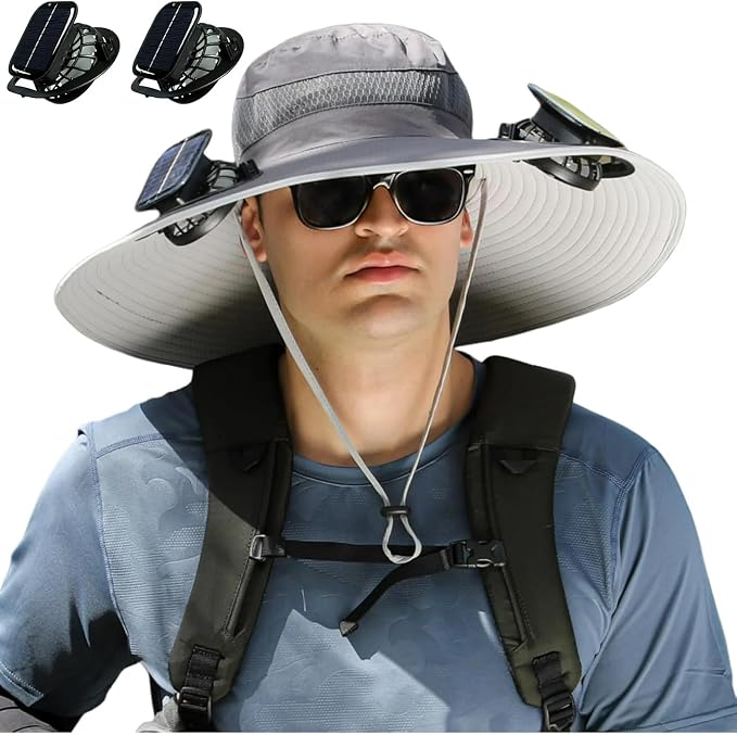 Solar Powered Fan Hat for Men Women Wide Brim Hat with 2 Fans UPF 50+ Outdoor Fishing Beach Sun Hat