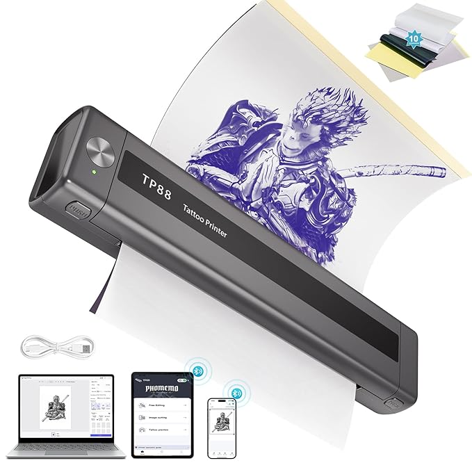 TP88 Wireless Tattoo Transfer Stencil Printer, Thermal Tattoo Machine with 10pcs Free Stencil Paper, Compatible with Smartphone & PC, Portable Printer for Artists & Beginners, Gray