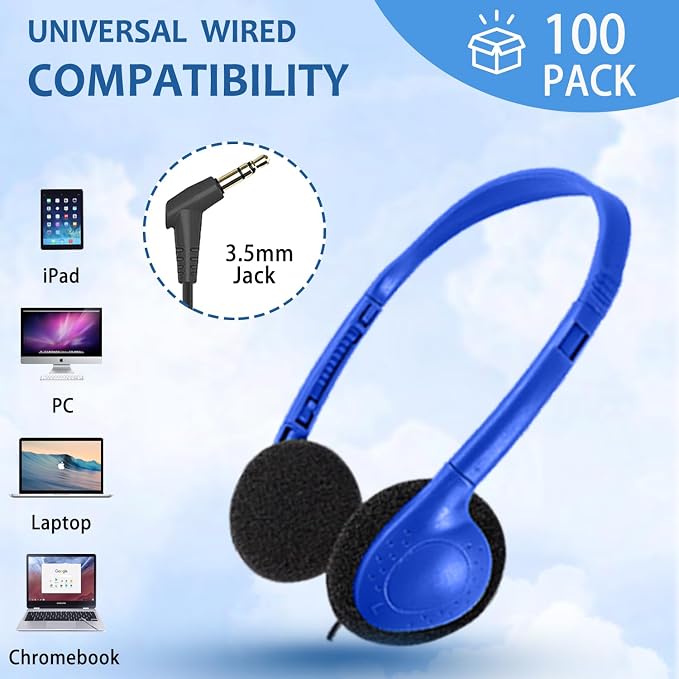 100 Pack Classroom Headphones,Bulk Headphone for Kids Student School, Wired On-Ear Headphones for Chromebook Laptop Computer, Bulk Wholesale, 3.5mm Jack(Blue)