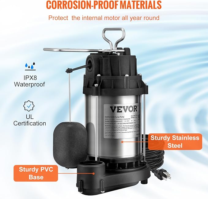 VEVOR 1/2 HP Sump Pump Submersible, Sump Pump with Stainless Steel Surface, 10 ft Power Cord, 1-1/2" NPT Discharge, Automatic Float Switch, for Indoor&Outdoor Water Drain