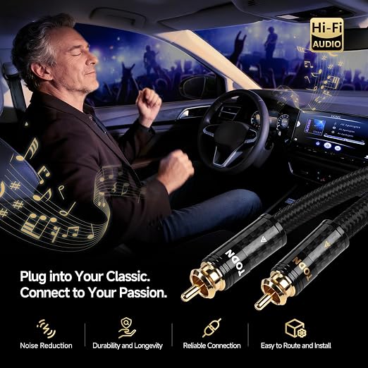 TODN Audiophile Silver-Plated RCA Cables 4.9ft Dual Shielded for HiFi Audio | 2-core Silver-plated-OCC+2-core-OCC, 24K Gold-plated Plug, Carbon Fiber Shell, RCA to RCA, Left and Right Channel