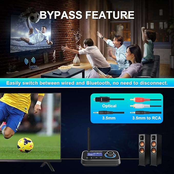Bluetooth 5.3 Transmitter Receiver for 2 Headphones 3-in-1 Audio Adapter with Bypass Low Latency LCD Display ON/OFF Switch Volume Control Optical AUX RCA for Headphone Speaker TV Home Stereo