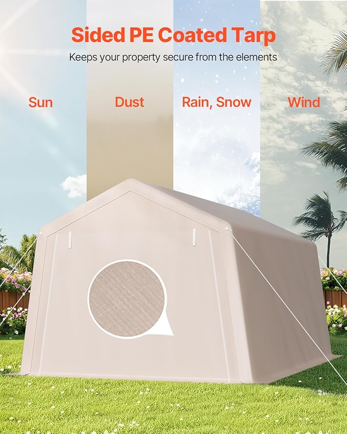 VEVOR 10 x 15 ft Outdoor Storage Shed Tent with Heavy-Duty Steel Frame, 2 Roll-Up Doors & Air Vents, Waterproof Portable Garage Carport Shelter for Motorcycle, Lawn Mower, Garden Tools, Beige