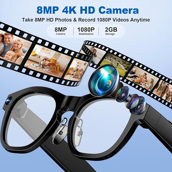 AI Smart Glasses with 8MP Camera, 1080P Video Recording, Real-Time Translation, AI Assistant & Object Recognition, Photochromic Lenses, Bluetooth 5.4 Calls & Music, IP65 Waterproof, 7-8Hr Battery