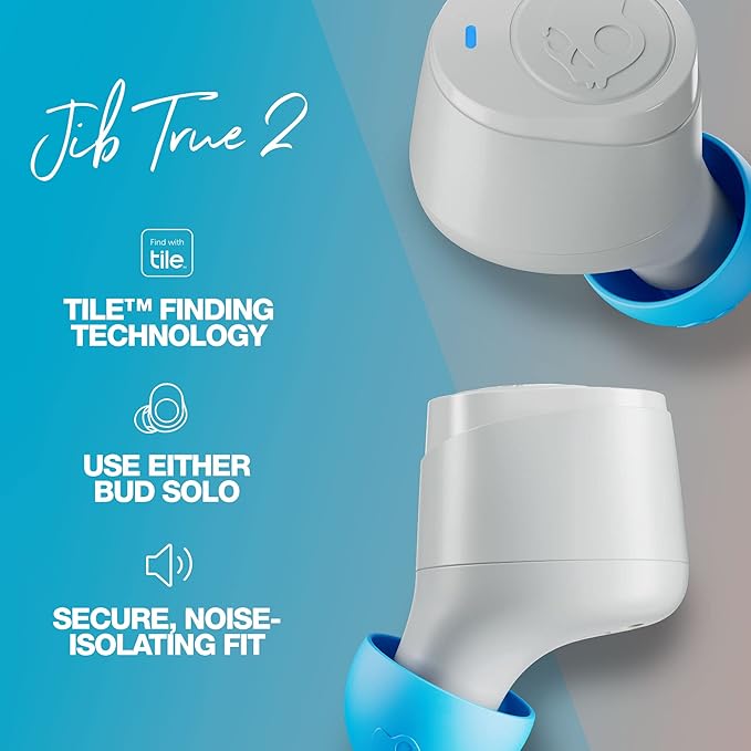 Skullcandy Jib True 2 Wireless Earbuds, Bluetooth Headphones, Up to 33 Hours Battery with Charging Case, Noise Isolating Fit, Sweat and Water Resistant, Microphone for iPhone Android - Light Grey/Blue