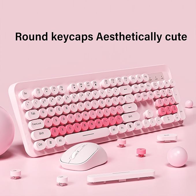 Wireless Keyboard and Mouse Combo, 2.4GHz Plug and Play with Retro Typewriter Style Round Keycaps, 104 Keys with Numeric Pad, for PC Laptop Desktop (Pink)