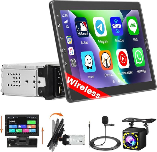 Hikity 10.1 Inch Single Din Car Stereo with Carplay Android Auto, Detachable Touch Screen Car Radio, Bluetooth FM Car Audio Receiver Support Mirror Link TF AUX USB SWC DVR Backup Camera