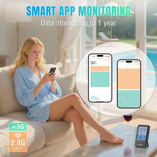 Raddy PT-5 Wi-Fi Pool Thermometer, Wireless Smart Floating Sensor with Indoor Console, APP Remote Monitoring, IPX8 Waterproof, Solar & USB-C Rechargeable, for Hot Tub Spa Swimming Pool Tank Aquarium