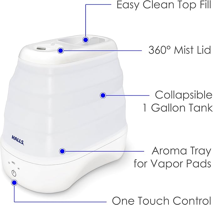Crane x HALLS Collapsible Cool Mist Humidifier for Bedroom and Office, 1 Gallon Portable Humidifier for Travel and Easy Storage, Blue and White