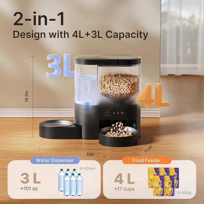 Automatic Cat Feeder and Water, 5G WiFi Cat Dry Food Dispenser, App Remote Control 4L Timed Pet Feeder and 3L Gravity Waterer, Voice Recording, Up to 10 Meal Daily with Dual Bowl for Cats, Small Dog