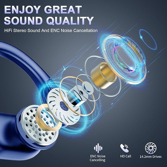 Ltinist Wireless Earbuds, 75hrs Bluetooth 5.4 Headphone Sport, Bluetooth Earbuds Deep Bass Over Ear Buds with Earhooks, ENC Noise Cancelling Earphone Mic, IP7 Waterproof for Workout/Running/Gym Blue