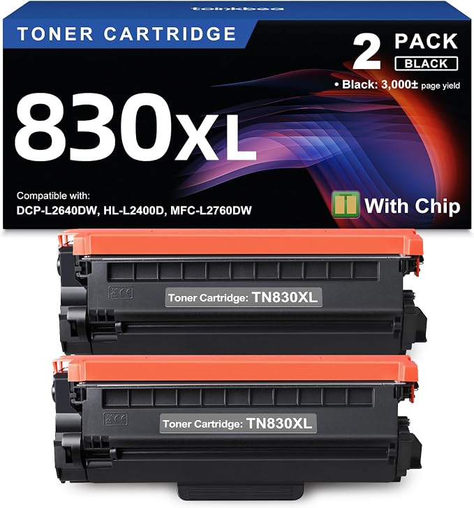 TN830XL Black Toner Cartridge Ink for HL-L2460DW Printer Replacement for Brother TN830 XL TN830 TN-830 Toner Set for DCP-L2640DW HL-L2460DWXL HL-L2405W MFC-L2820DW MFC-L2820DWXL, 2PK (with Chip)