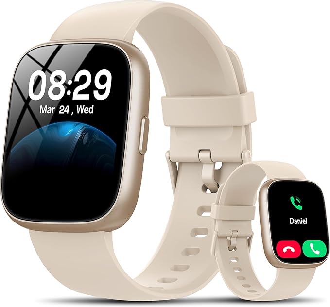 Smart Watch with Alexa Built-in, 1.83" HD Touchscreen Fitness Tracker with Bluetooth Calling, Fitness Watch with Heart Rate/Sleep Monitor/120+ Sports, IP68 Waterproof Smartwatch for Android iOS, Cream
