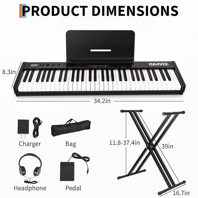 61 Keyboard Piano, Portable Electronic Keyboard Piano, Includes Music Stand & Power Adapter, Ideal for Both Beginners and Professional Musicians