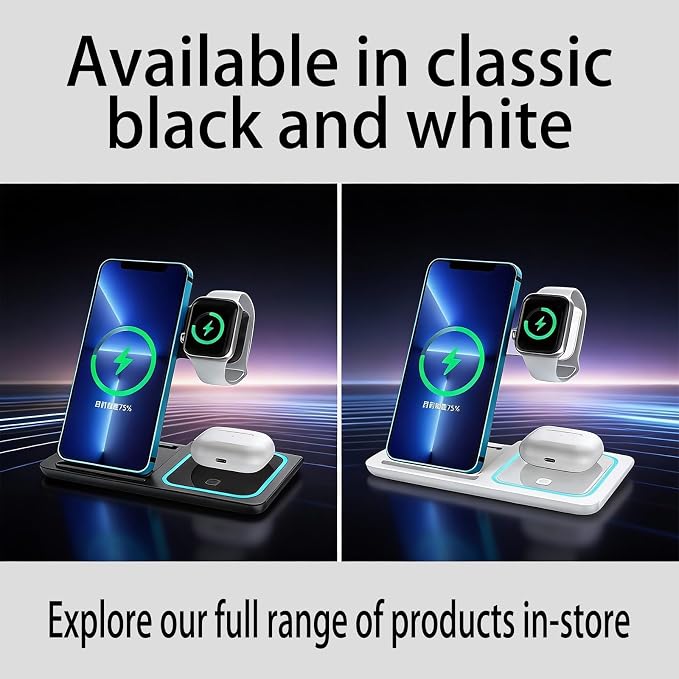 3-in-1 Foldable Wireless Charger with Night Light - 15W Fast Wireless Charger for Simultaneous Charging of Phone, Watch & Earbuds, Compatible with All Qi-Certified Devices,X455 Black.