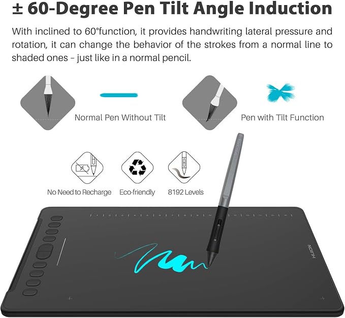 HUION Inspiroy H1161 Graphics Drawing Tablets, Touch Strip and 8192 Pen Pressure Sketch Tablet with Battery-Free Stylus,10 Shortcut Keys, Compatible with Android, Windows, and Mac Black
