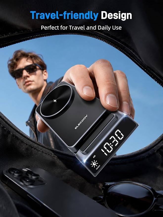 3 in 1 Charging Station for Apple, ELECDOV Magnetic Charger for iPhone, Foldable Wireless Charger with Clock, Travel Watch Charger Stand for iPhone 17/Air/16/15 Series, iWatch 10/AirPods 4 (Grey)