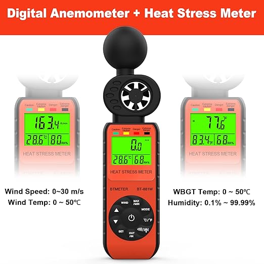 BTMETER Heat Stress Meter Anemometer - Digital Indoor/Outdoor WBGT (Wet Bulb Globe Temperature) Meter with Wind Speed, Ambient Temp, Humidity Tester BT-881W 2pcs