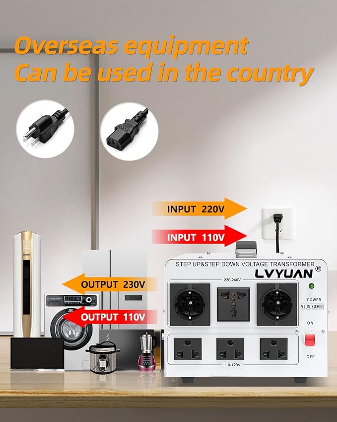 LVYUAN 3000W Voltage Transformer Power Converter Step Up 110V to 220V, Step Down 220V to 110V, 110/120 Volt - 220/240 Volt