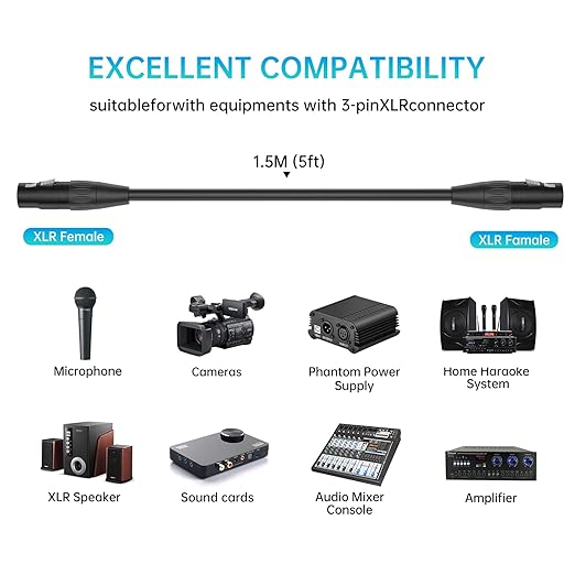 XLR Cable Male to Male + Female to Female, 3-Pin, Black, 25 AWG, 20 AWG, Microphone, Indoor, Connecting Microphones to Audio Equipment