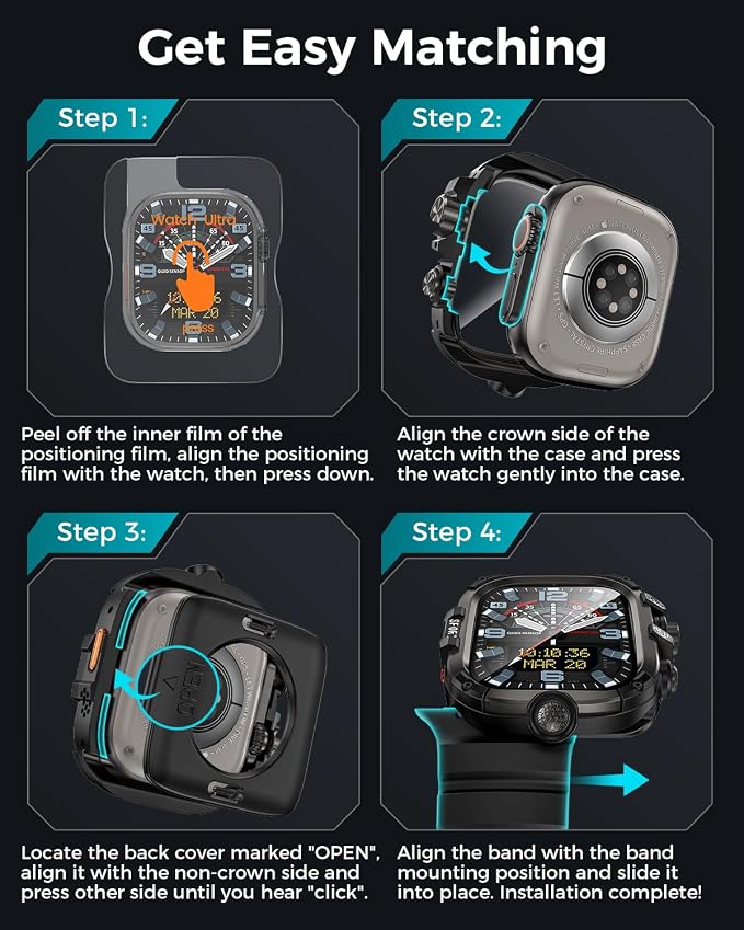 Goton Rugged Case and Band Kit with Screen Protector for Apple Watch 49mm, Compatible with Apple Watch Ultra 3/2/1, Full Body Shockproof Metal+PC Bumper Cover with Soft Band, 49mm Black