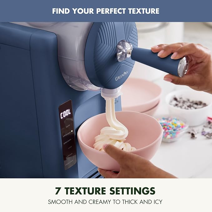 GreenPan Frost Ice Cream Maker & Slushie Machine, Soft Serve, Sorbet, Margaritas, Milkshakes, Frozen Yogurt, No Pre-Freezing, Ready in 15 Mins, 6 Modes, 7 Textures, Self-Cleaning, Family Size, Blue