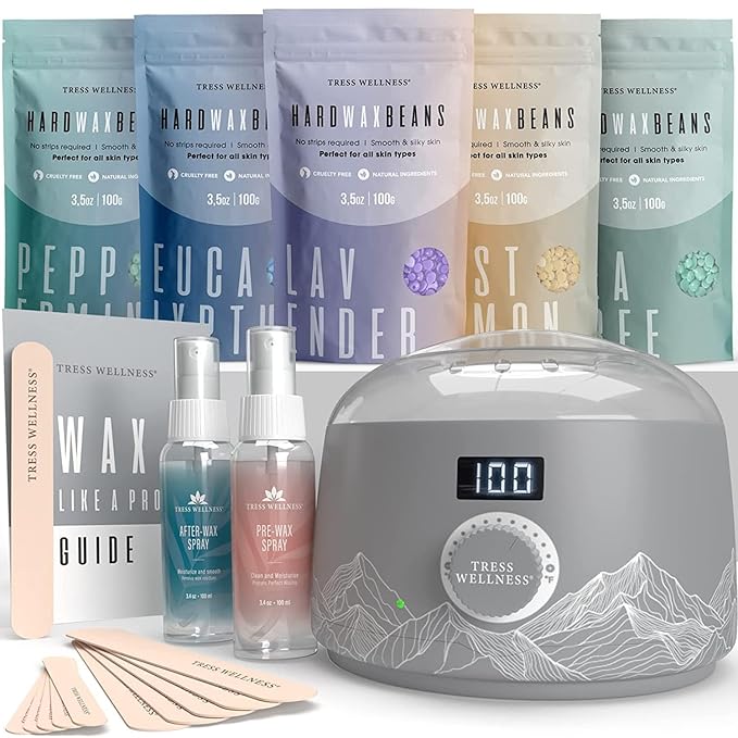 Tress Wellness Award Winning Waxing Kit for Sensitive Skin – Safe for Face & Skin,Easy to Use – At-Home Kit for Face, Bikini, Brazilian & Full Body - Digital Display, Grey Mountain