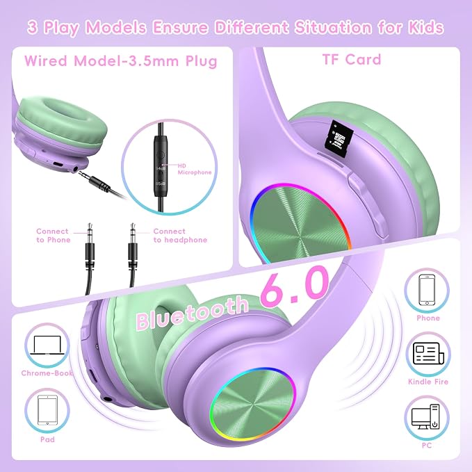 Candy Bila Kids Bluetooth 6.0 Headphones with LED Light, 85Hours Playtimes, Type-C Fast Charging, 85/94dB Volume Limited, Comfort Headphones with Built-in Mic, Wired & TF Card Mode,Green and Purple
