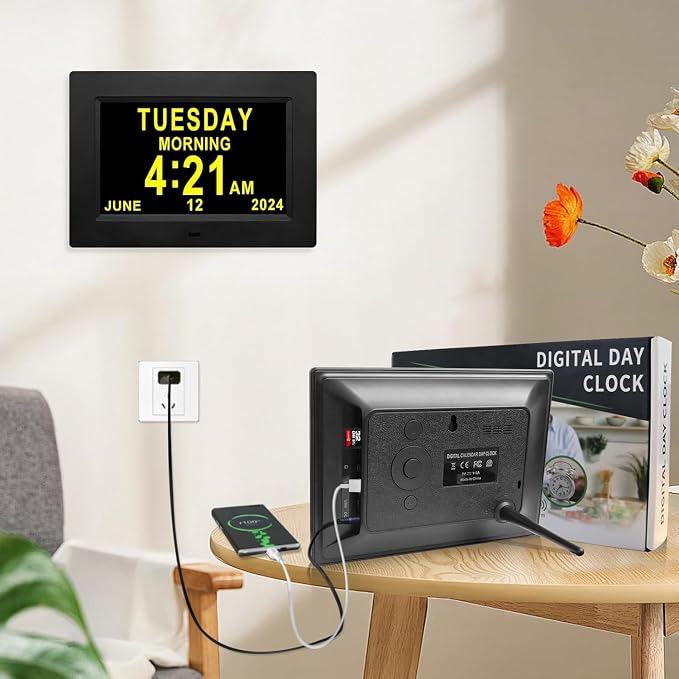 TMC 7 Inch Digital Clock with Day and Date for Elderly - 12 Alarm Options, Auto-Dim, Age Seniors,Elderly, Alzheimer