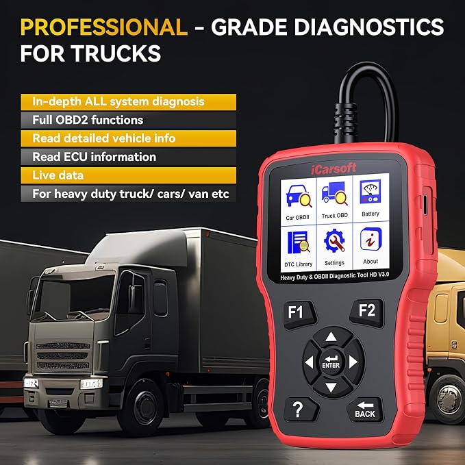 iCarsoft HD V3.0 Red Heavy Duty Truck Scanner All System Diesel Diagnostic Scan Tool for Cummins, Detroit, Freightliner, International, Paccar, Engine Code Reader for Truck & Car with Live Data