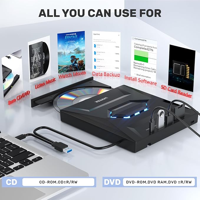Unitek External CD DVD Drive, USB 3.0 Type-C Portable CD/DVD +/-RW Drive/DVD Player with SD Card Reader USB 3.0 USB C Hub CD ROM Burner Compatible for Laptop Desktop PC Mac Windows 11/10/8/7 Linux