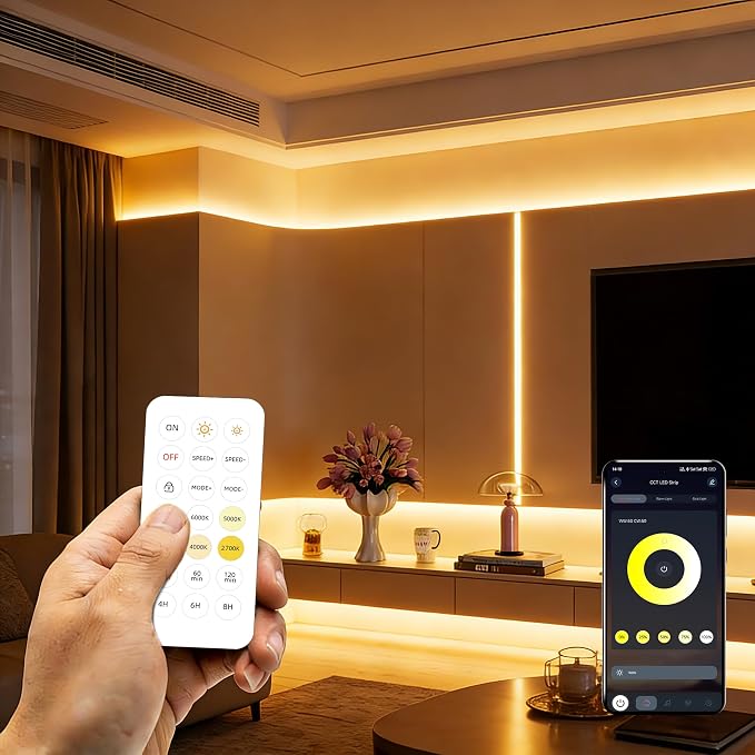 COB LED Strip Lights 65.6ft, Tunable White CCT Warm White to Cool White LED Strip, DC24V Tape Light, CRI92+, Bluetooth App Control, Dimmable Strips for Bedroom, Office, DIY Lighting.