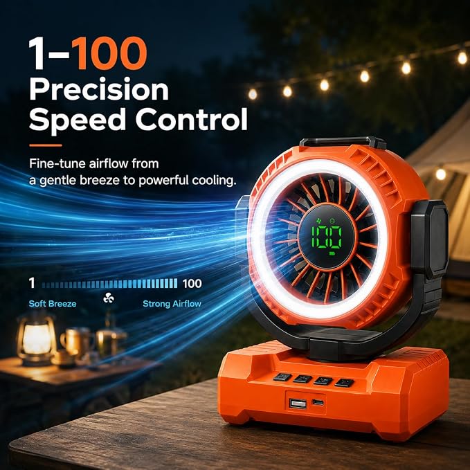 Portable Camping Fan 3-in-1, Auto-Oscillating 20000mAh Rechargeable Fan with Light, 1-100 Speed, 12H Timer, Display, Cordless Battery Powered Fan for Indoor, Outdoor, Travel, Fishing, Tent, Bedroom