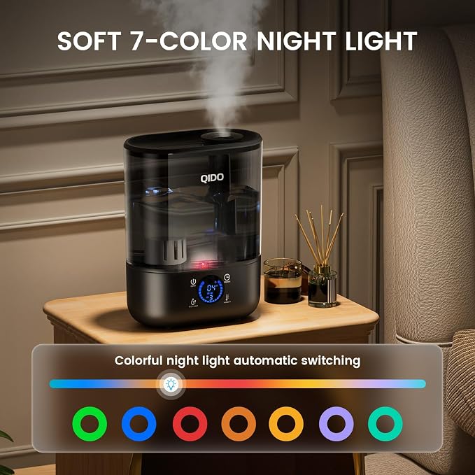 QIDO Top Fill Humidifiers for Bedroom, 5 L Cool Mist 36H Super Long Time, Quiet 28dB Essential Oil Diffuser for Baby & Plants, 3 adjustable Mist with Touch/APP/7-color Nightlight, Black