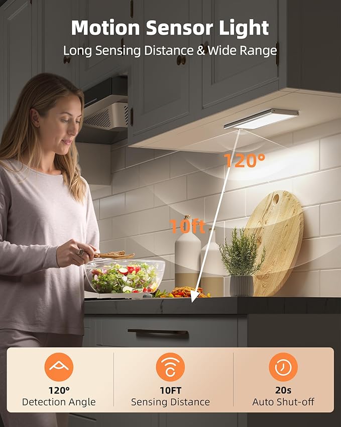 EZVALO 3000mAh Under Cabinet Lighting, 150LM Ultra Bright Motion Sensor Light, Rechargeable Magnetic Under Counter Lights for Kitchen, Dimmable Closet Light with 3-Inch Wide Panel