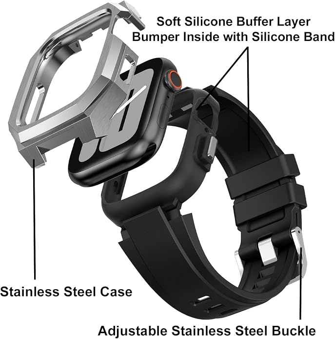 Luxury Metal Case with Band Compatible for Apple Watch 44mm 45mm 46mm 49mm,Men Rugged Protective Bumper Cover with Soft Silicone Strap for iWatch Series 11/10/9/8/7/6/SE3/SE2/SE/5/4 and Ultra 3/2/1 49mm