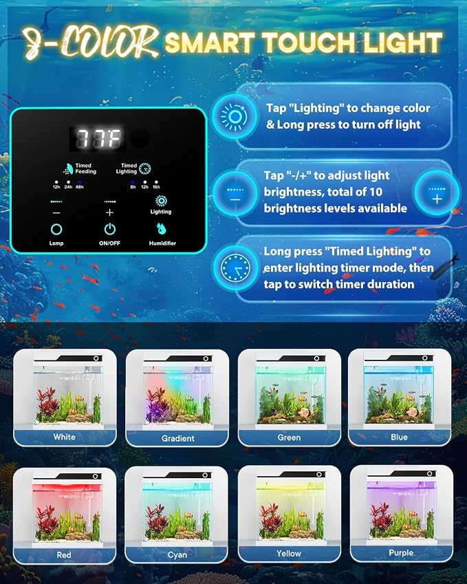 Vehipa Fish Tank, Smart Fish Aquarium Kit 4.2 Gallon with Auto Feeder, 4-in-1 Silent Pump, Adjustable Lighting, Temperature Display & Humidifier for Desktop, Office, Room