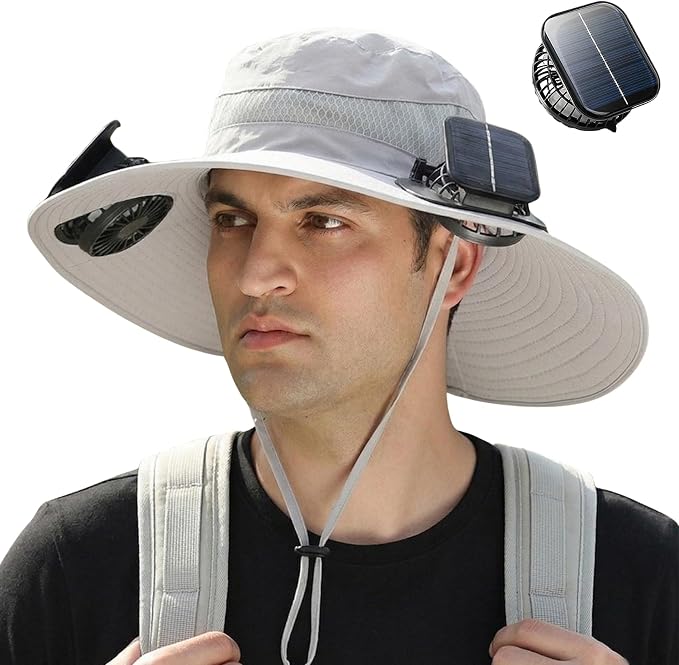 Solar Fan Hat Wide Brim Sun Hat with 3 Solar Fan, Outdoor Bucket Hats for Men Women UPF 50+ Fishing Beach Hiking Bucket Hat