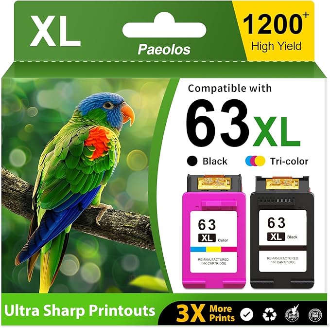 63XL Ink Cartridges Black and Color High Yield for HP Ink 63 Replacement for HP 63XL Ink Cartridges Combo Pack for HP OfficeJet 3830 4650 5258 5255 Envy 4520 4512 DeskJet 3630 1112 Printer (2-Pack)