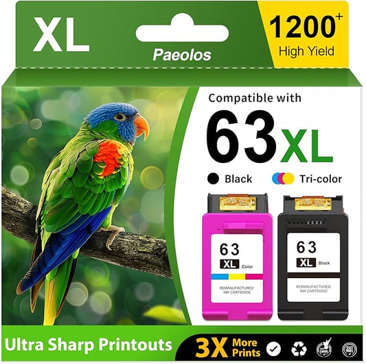 63XL Ink Cartridges Black and Color High Yield for HP Ink 63 Replacement for HP 63XL Ink Cartridges Combo Pack for HP OfficeJet 3830 4650 5258 5255 Envy 4520 4512 DeskJet 3630 1112 Printer (2-Pack)