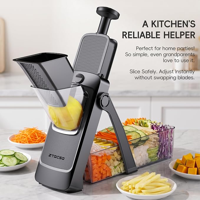 [All in 1] Vegetable Slicer with Adjustable Thickness, Easy to Clean Potato Mandoline Slicer with Container, Rapid Prep French Fry Veggie Cutter/Onion Slicer, Free Grater/Cleaning Brush (Black)